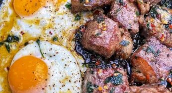 Butter garlic steak bites and eggs