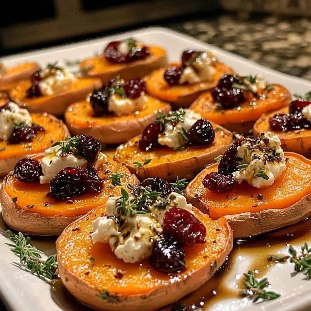 Roasted Sweet Potato Rounds with Goat Cheese, Cranberries, and Herbs