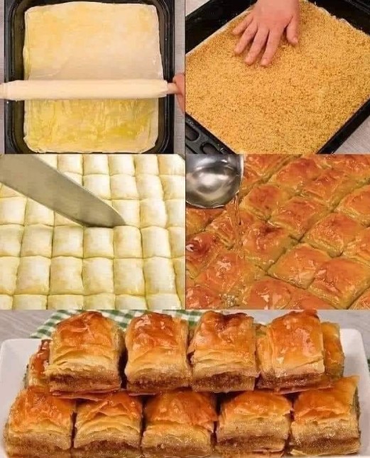 Step-by-step images showing the process of making baklava, including layering phyllo dough, adding ground nuts, cutting into pieces, pouring syrup, and serving golden, syrupy baklava. Title: "Step-by-Step Guide to Making Perfect Baklava