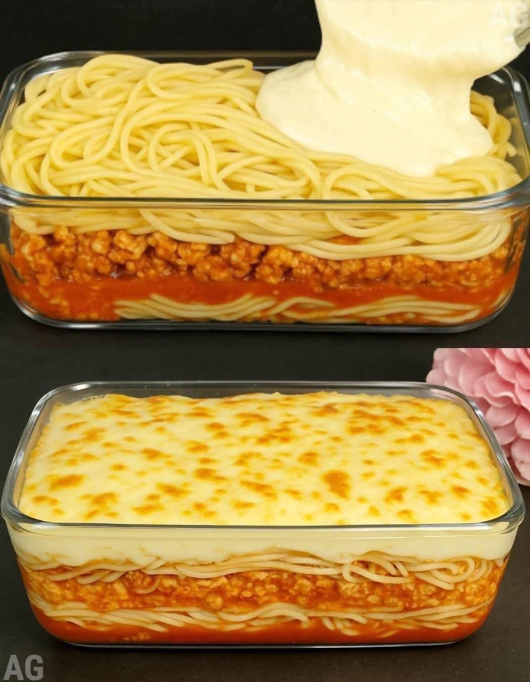 Cheesy Baked Spaghetti with Ground Beef Sauce