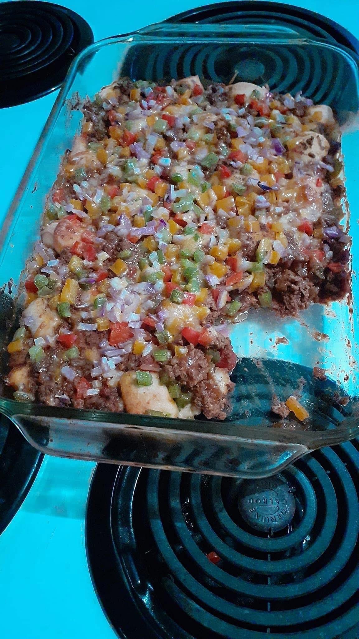 Cheesy Beef & Biscuit Casserole with Peppers and Onions