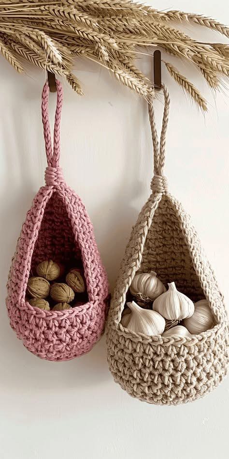 Hand Crocheted Hanging Baskets Rustic Charm Meets Everyday Function