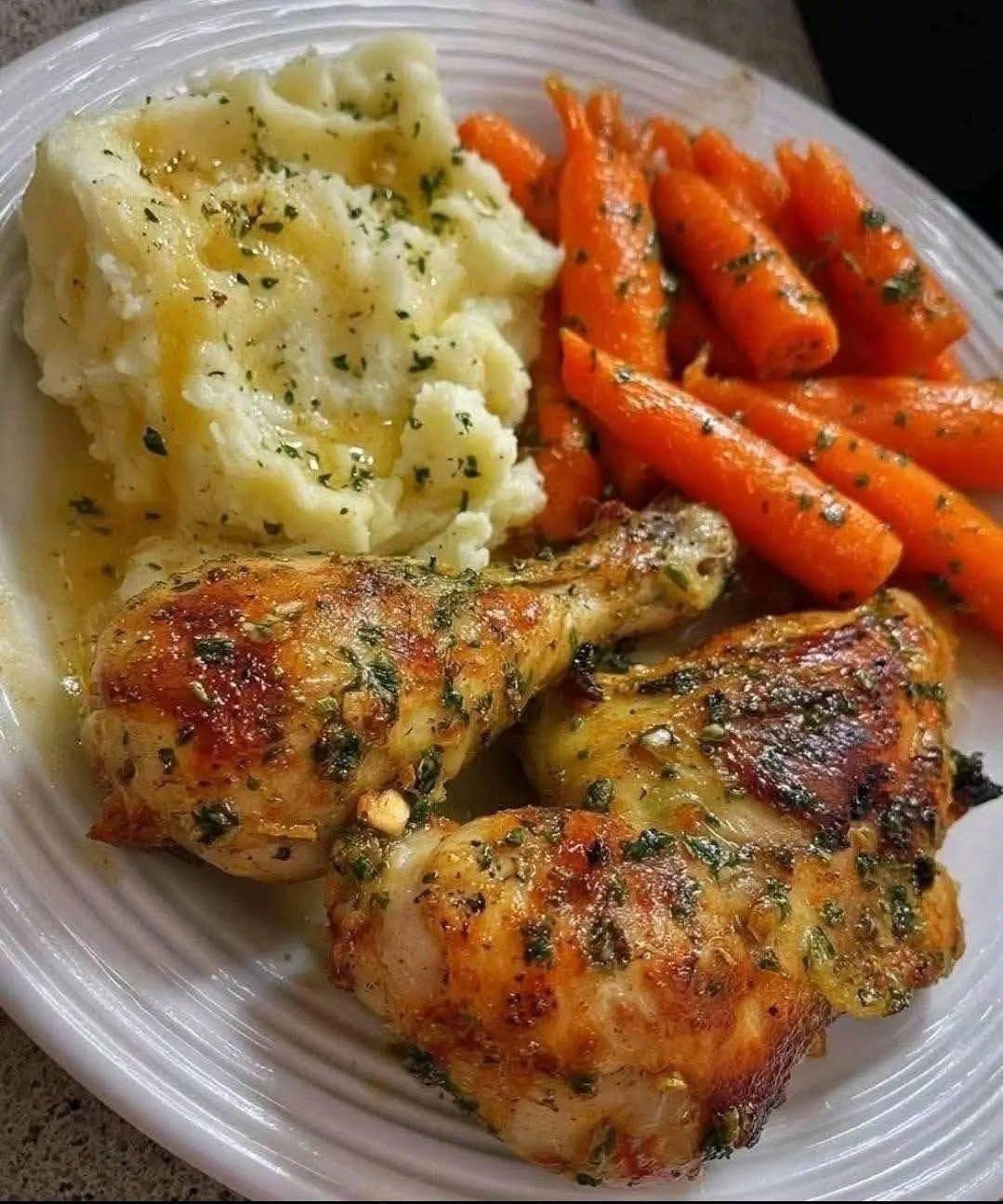 Garlic Herb Roasted Chicken with Mashed Potatoes  Glazed Carrots