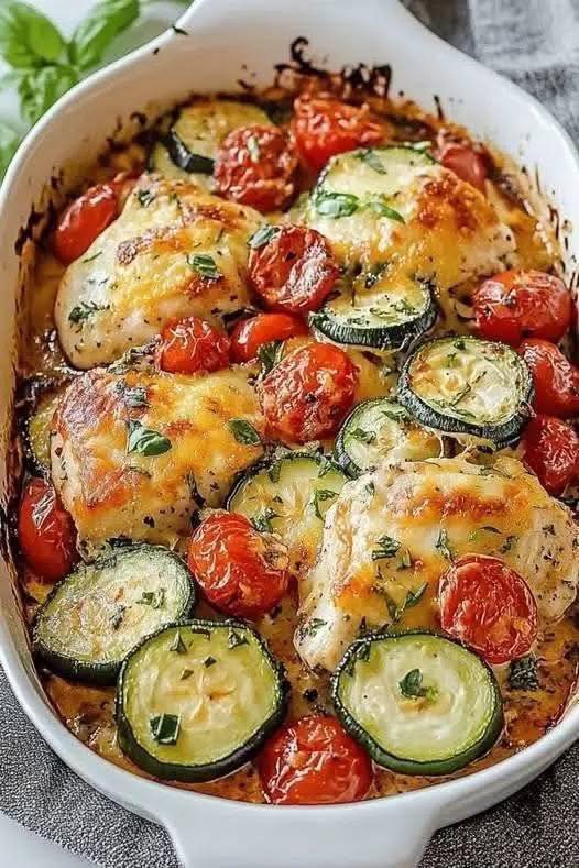 Cheesy Baked Chicken with Zucchini and Cherry Tomatoes