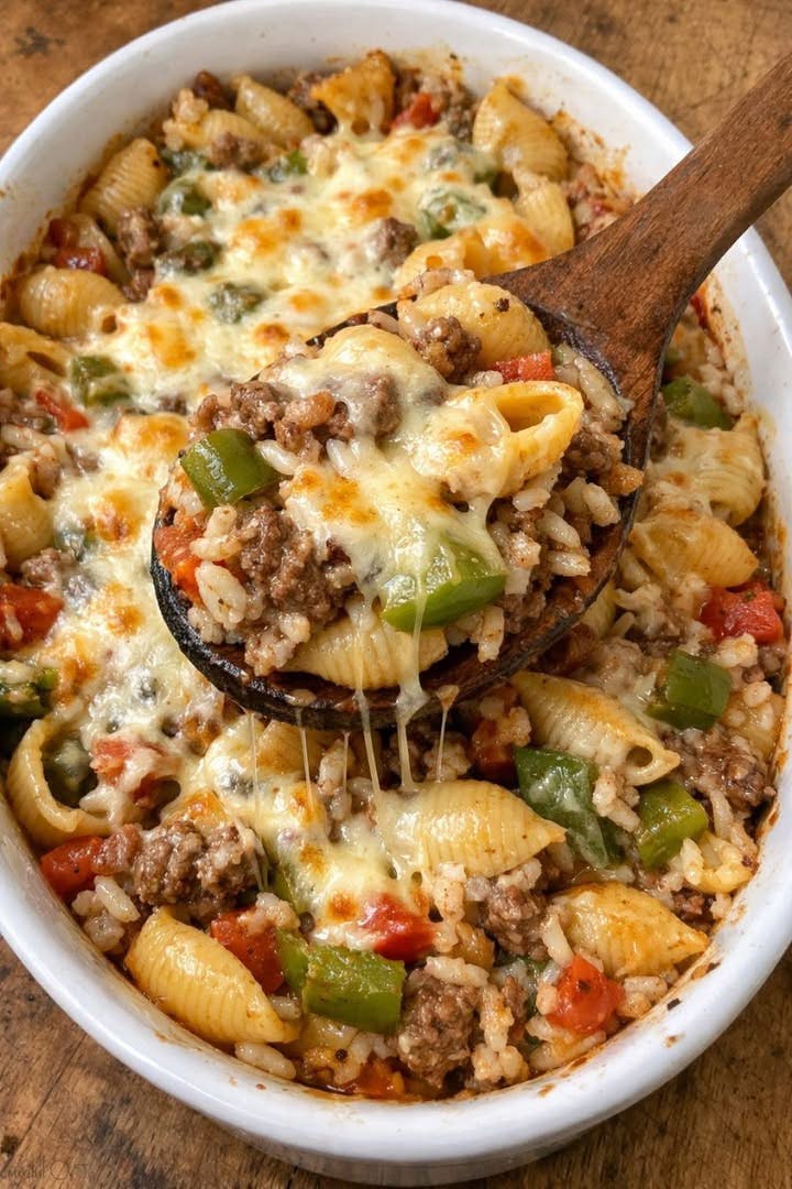 Cheesy Beef, Rice and Pasta Casserole