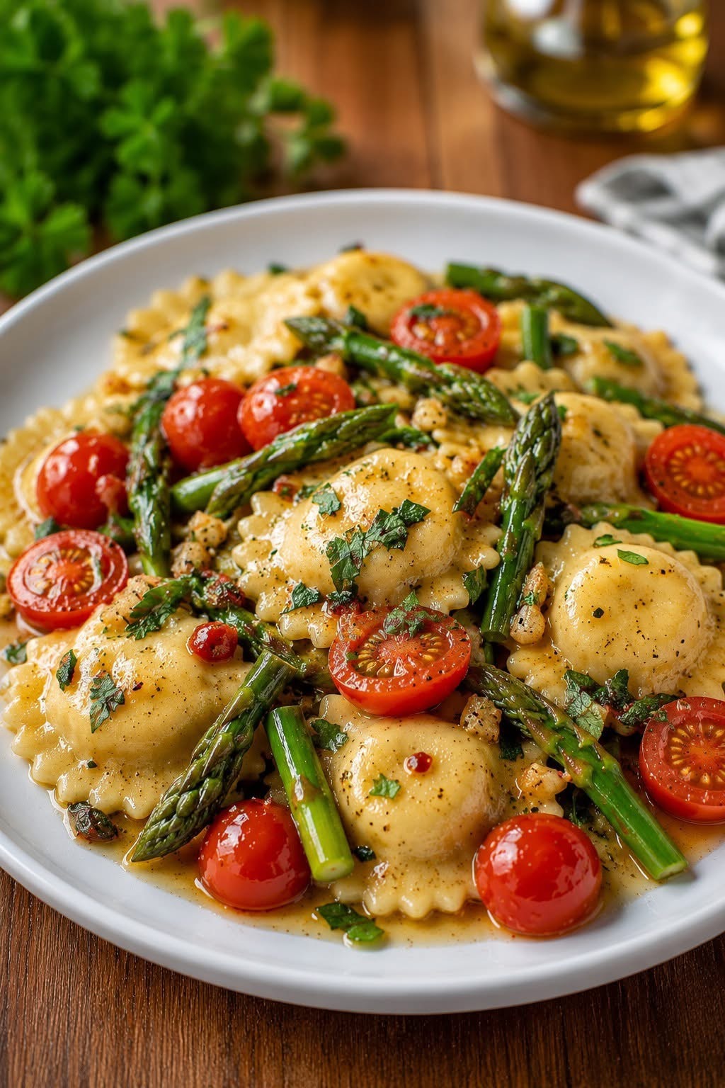 Creamy Ravioli with Asparagus and Cherry Tomatoes