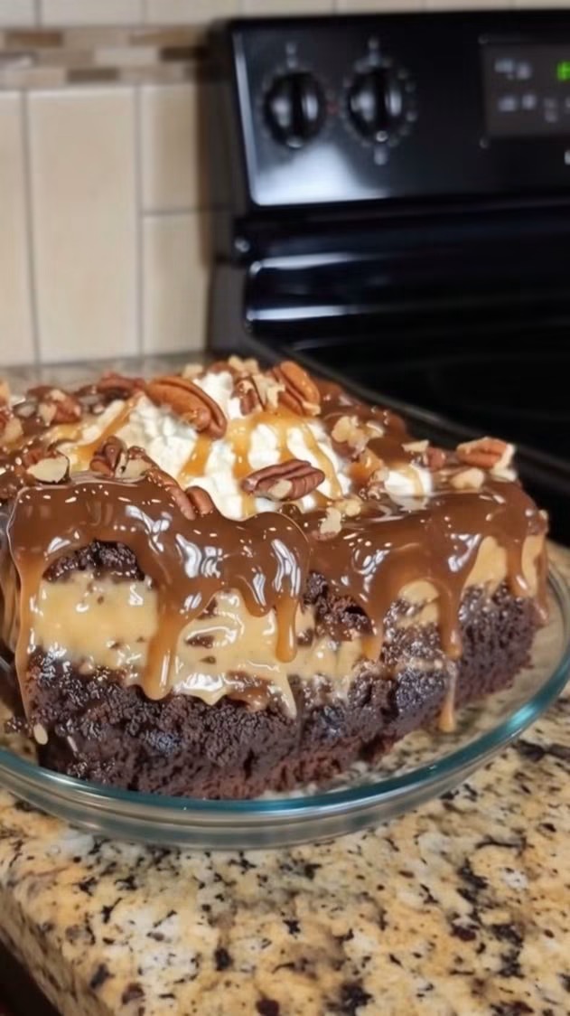 Chocolate Caramel Pecan Poke Cake