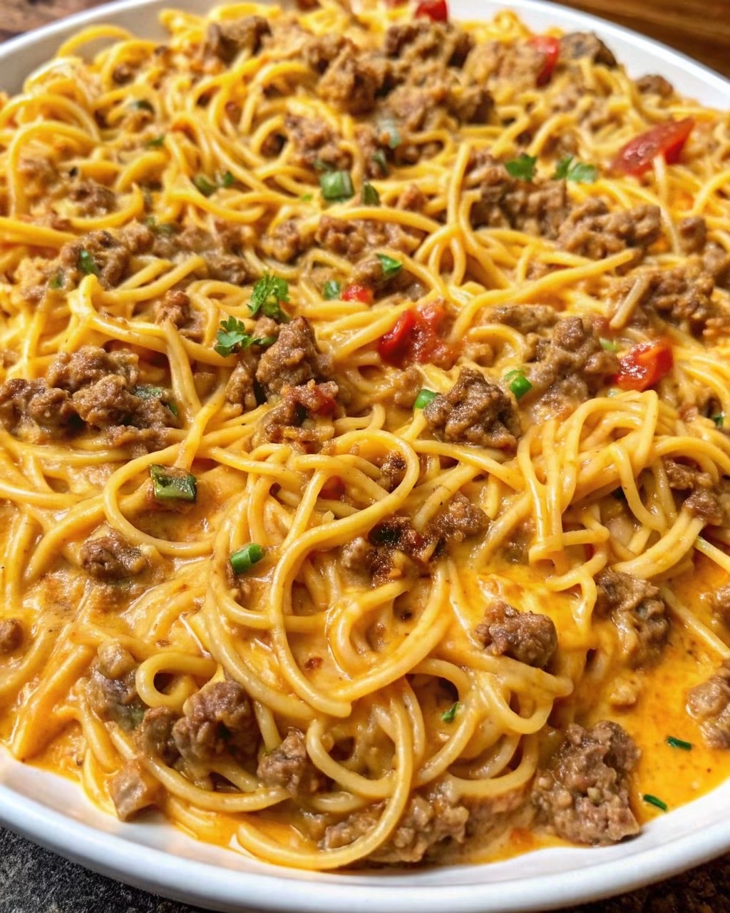 Creamy Cheesy Ground Beef Spaghetti