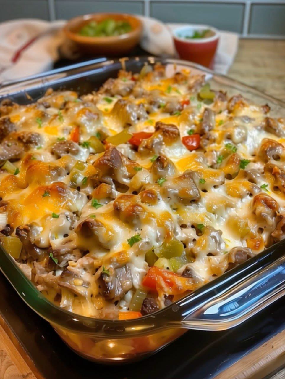 Cheesy Philly Cheesesteak Casserole
