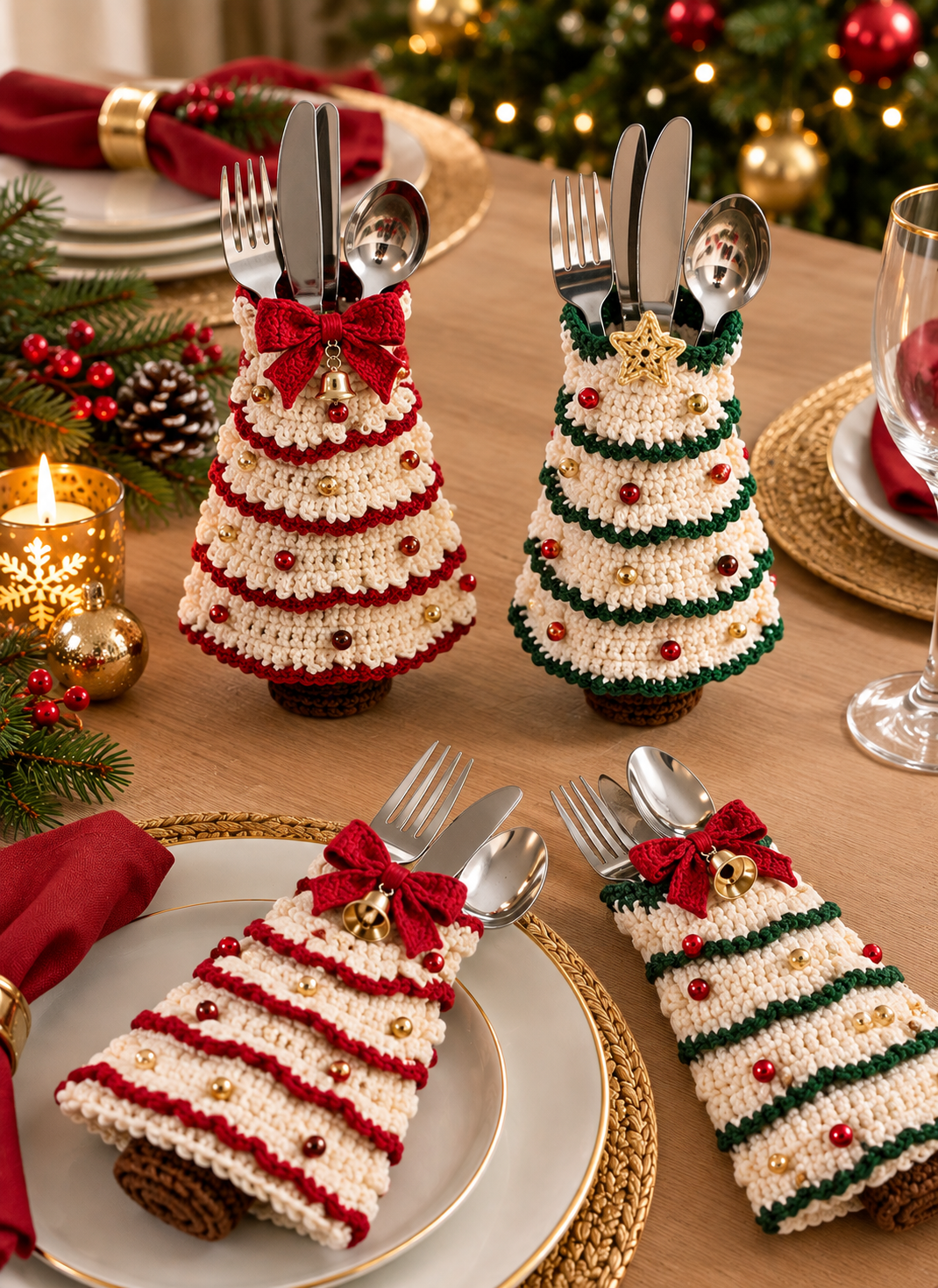Crochet Christmas Tree Cutlery Holder