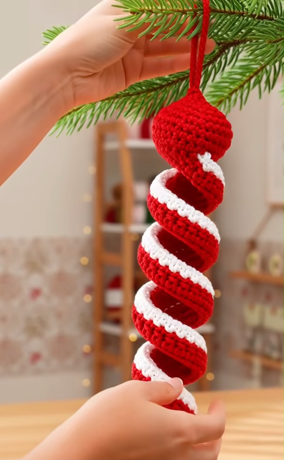 Crochet Candy Cane Spiral Christmas Ornament