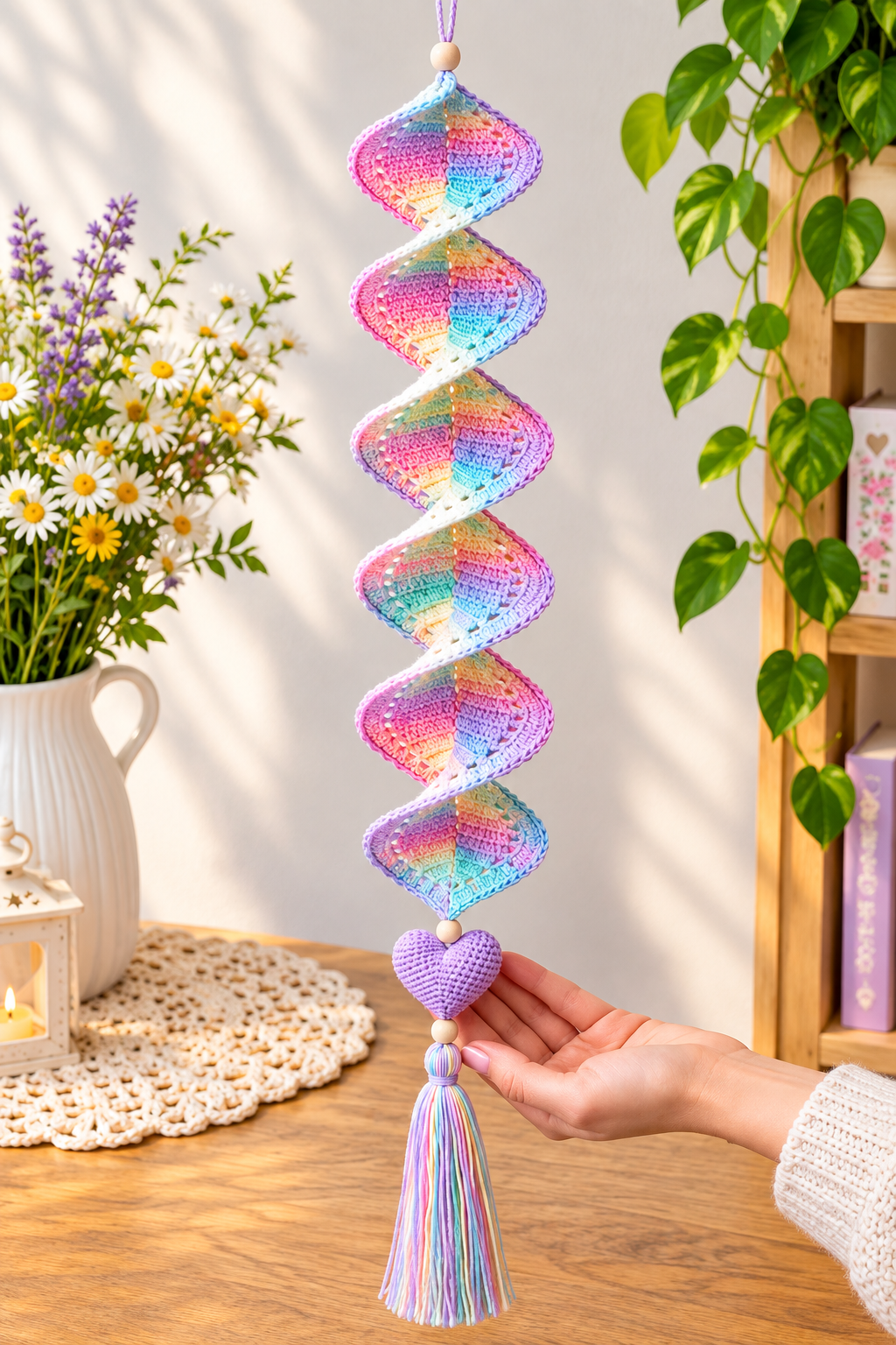 Pastel Crochet Spiral Wall Hanging with Heart & Tassel