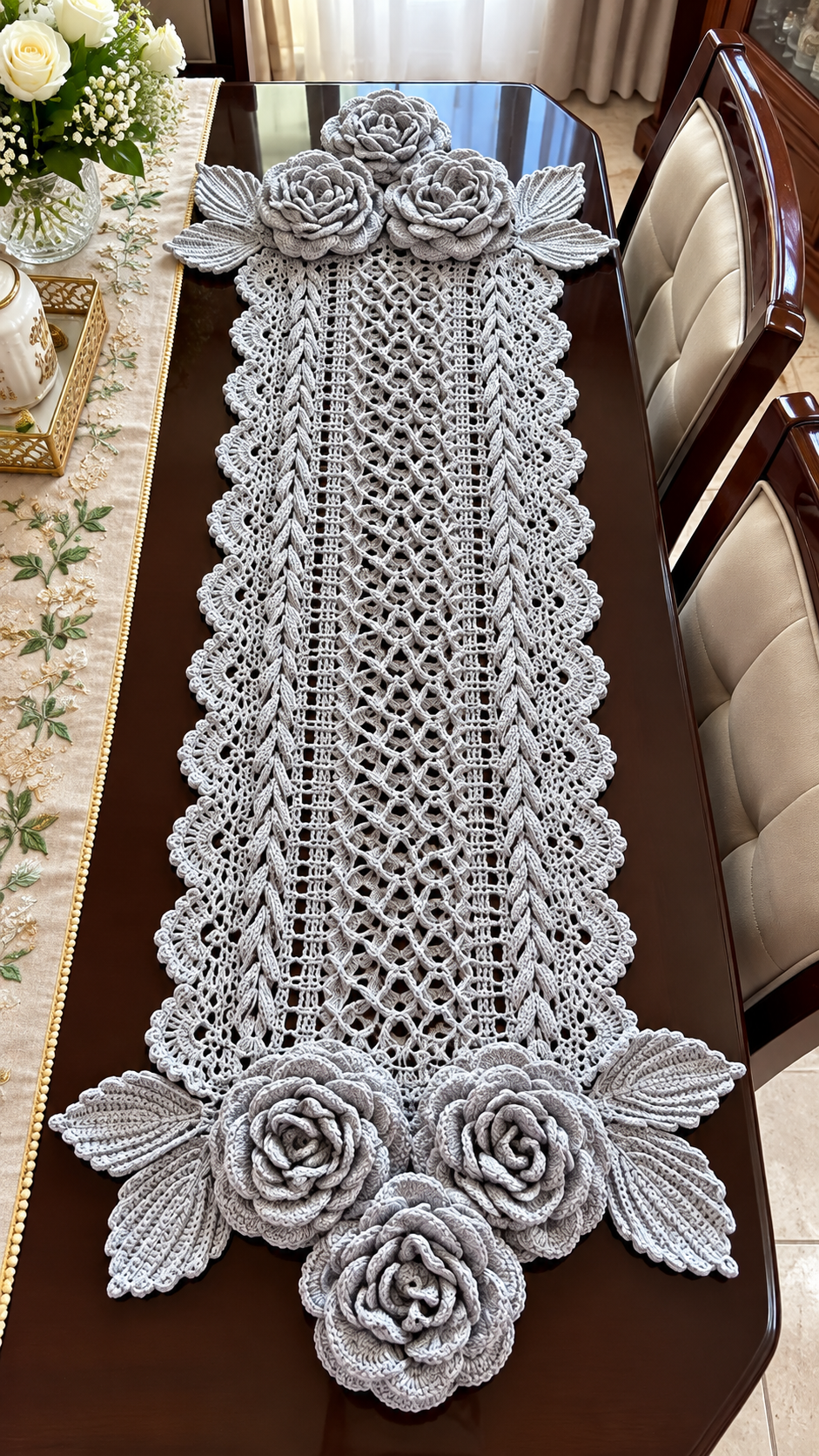 Elegant Crochet Rose Lace Table Runner 