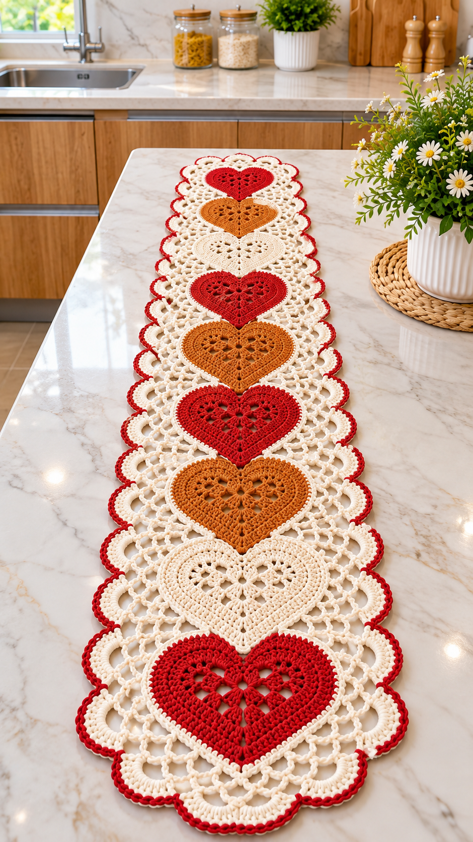 Elegant Crochet Heart Table Runner 