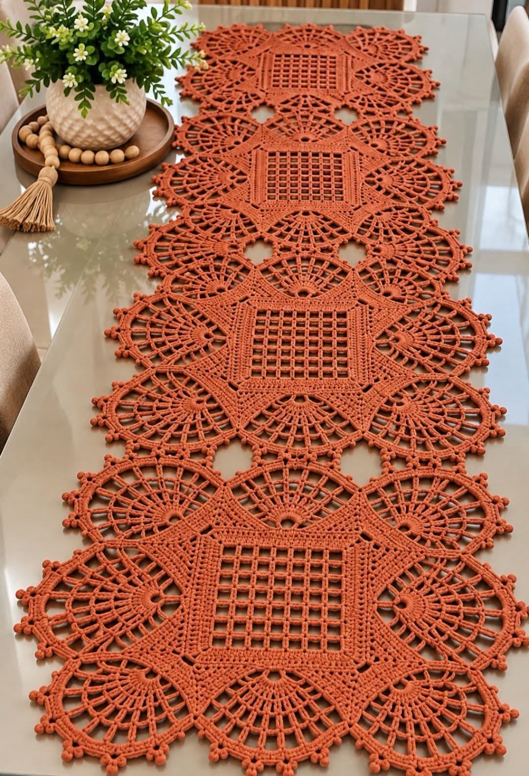 Terracotta Crochet Lace Table Runner